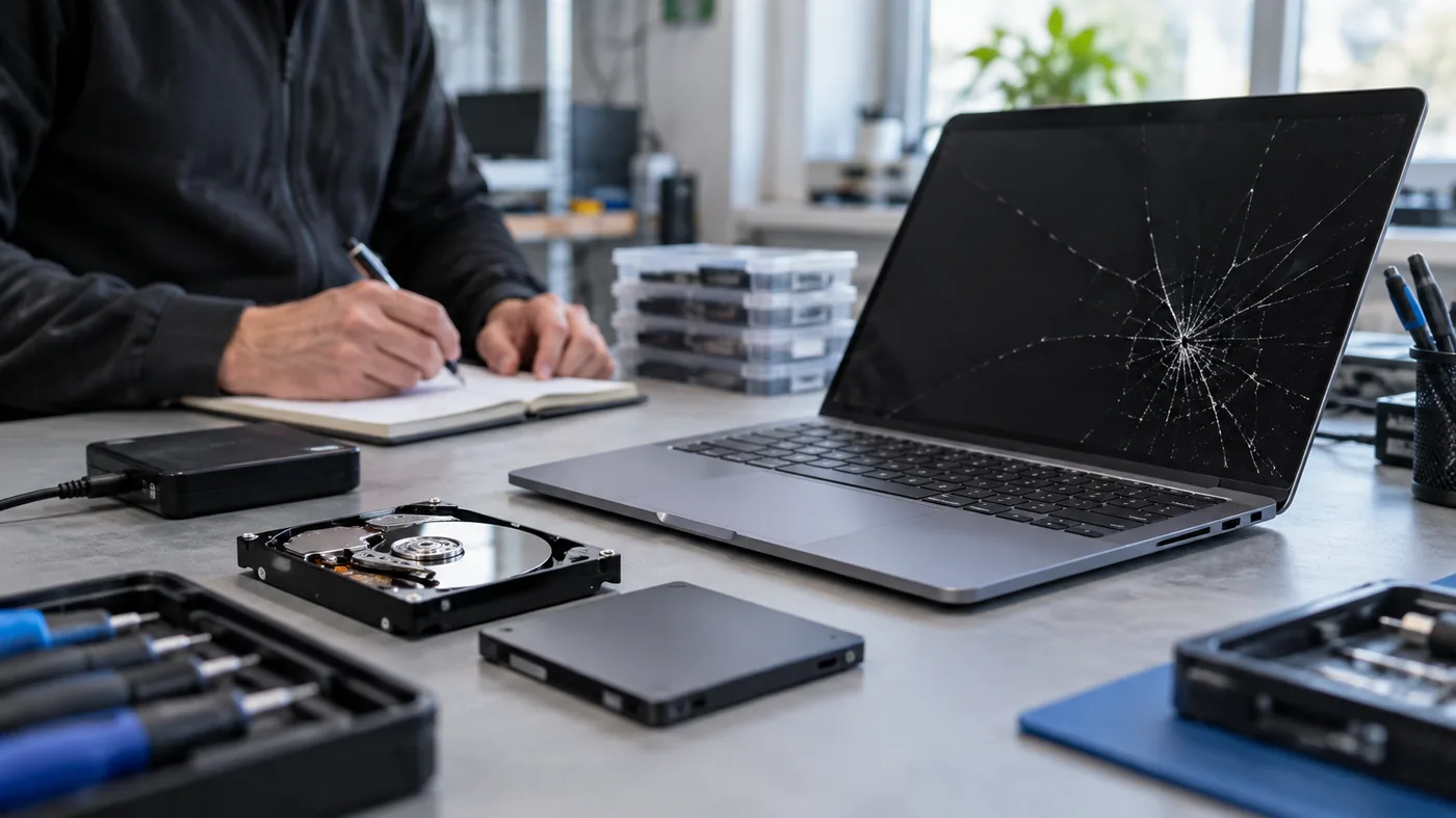 trasig laptop och viktig data vad du gor fore reparation i en professionell teknisk miljö för datalagring och återställning